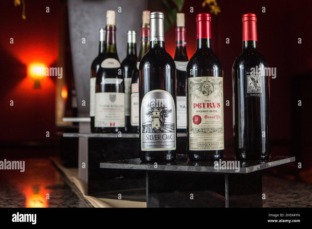 San Francisco, California, USA. Bottles of vintage red wine are