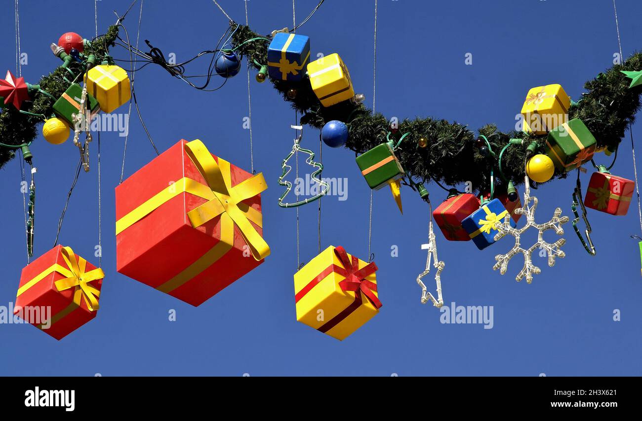 Christmas decoration - packages against a blue sky Stock Photo