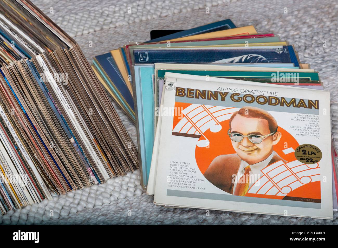 Steinheim, Germany - oktober 9. 2021: Closeup of  Benny Goodman band vinyl record cover collection Stock Photo