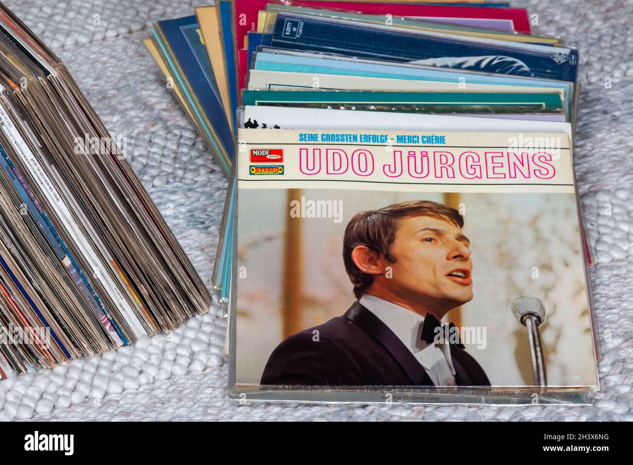 Steinheim, Germany - oktober 9. 2021: Closeup of Udo Jürgens band vinyl record cover collection Stock Photo
