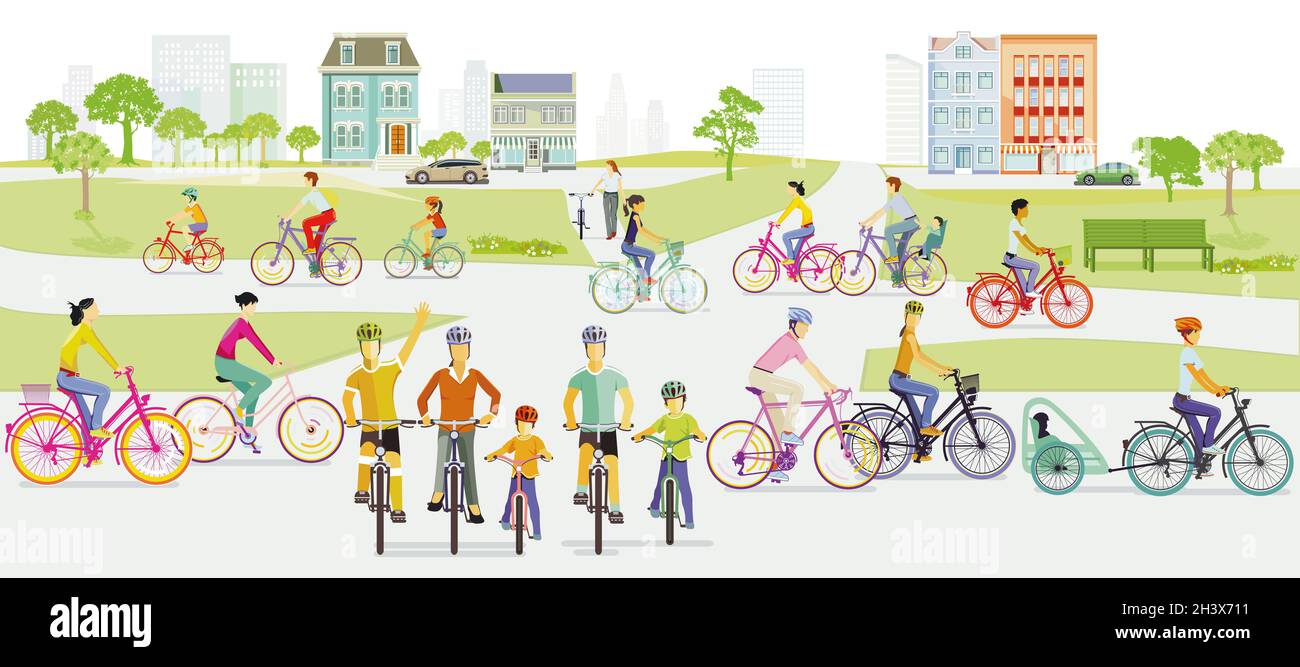 Group of cyclists riding a bike, illustration Stock Photo