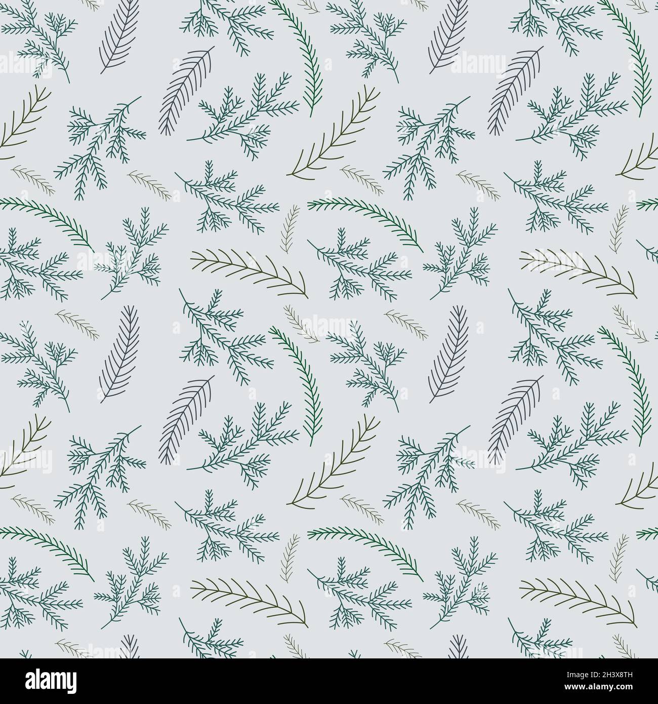 Seamless pattern with spruce twigs on silver background. Stock Vector
