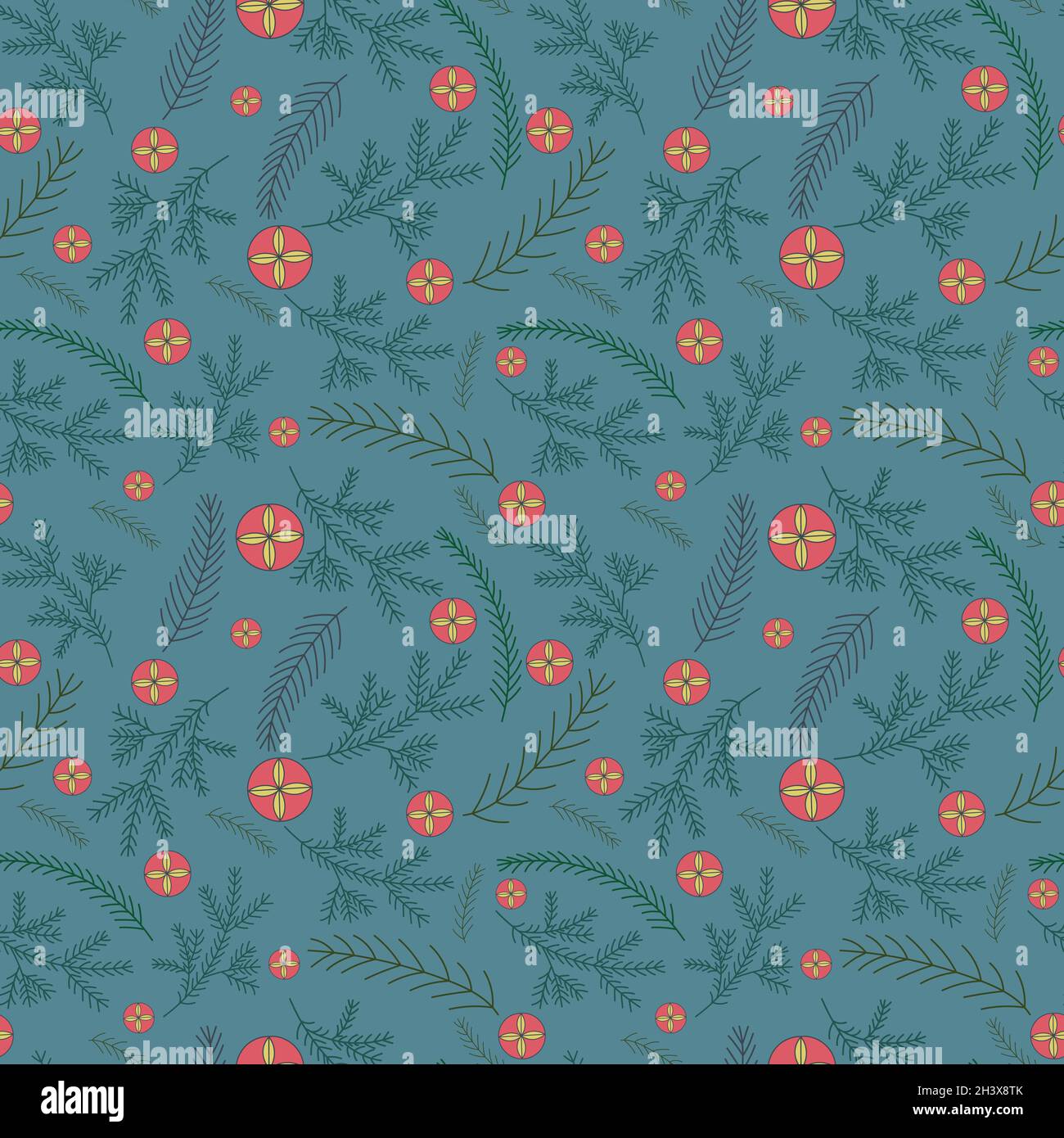 Seamless pattern with spruce twigs and Christmas bubbles. Stock Vector