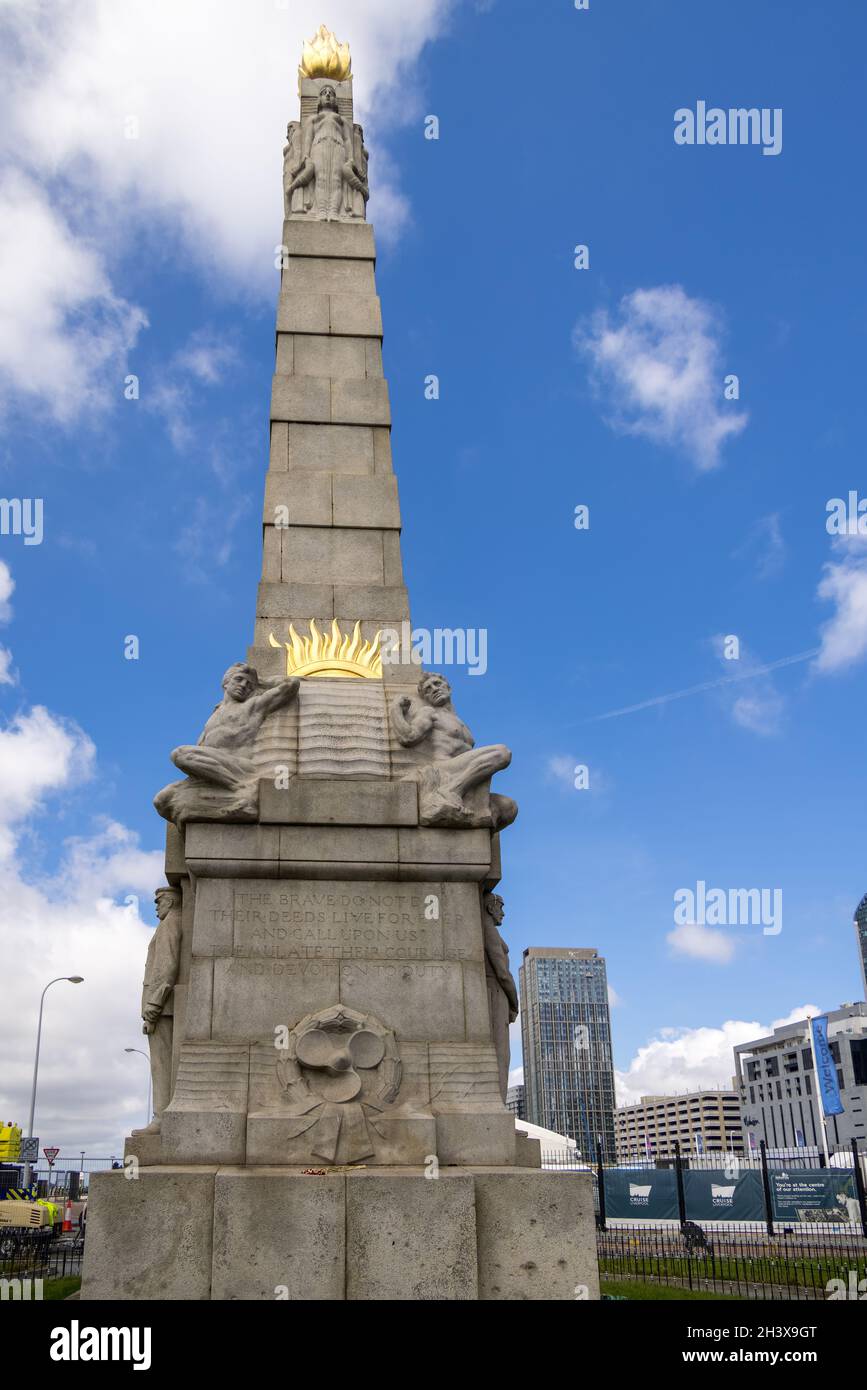 LIVERPOOL, UK - JULY 14 : Memorial to the Engine Room Heroes of the Titanic at St. Nicholas Place, Pier Head, in Liverpool, Engl Stock Photo