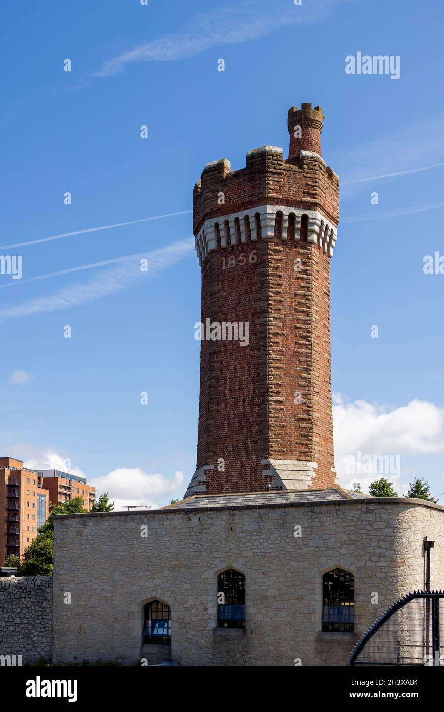 LIVERPOOL, UK - JULY 14 : View of the Brick Hydraulic Tower built in 1856 at Wapping Dock, Liverpool, England on July 14, 2021 Stock Photo