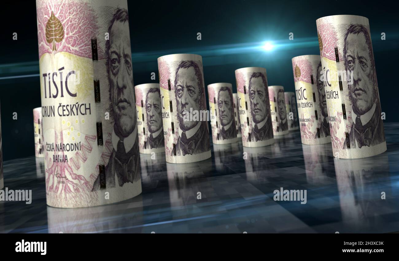Czech koruna money pack 3d illustration. CZK banknote roll. Concept of finance, cash, economy crisis, business success, recession, bank, tax and debt. Stock Photo