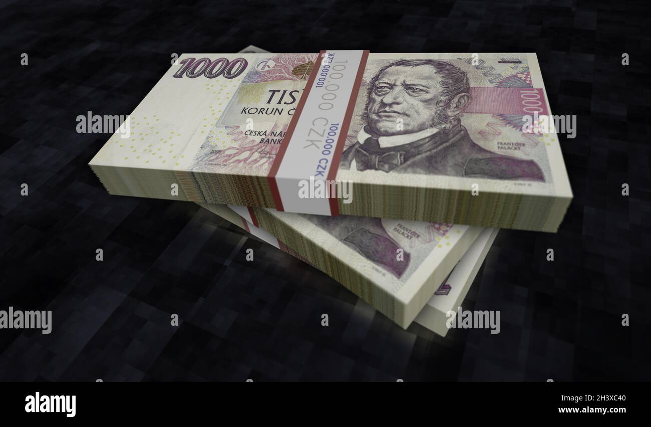 Czech koruna money pack 3d illustration. CZK banknote bundle stacks. Concept of finance, cash, economy crisis, business success, recession, bank, tax Stock Photo