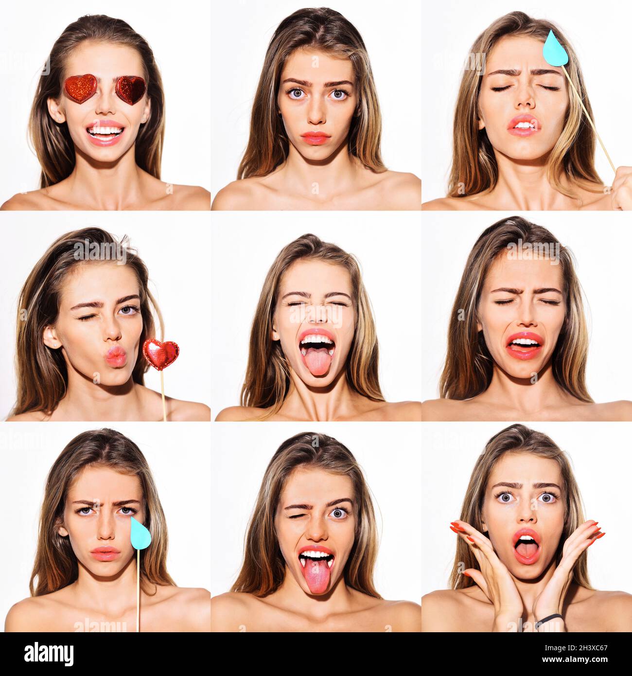 Different Emotions Collage. Set Of Girl Emotional Portraits. Emotion set of girl. Face expression. Stock Photo