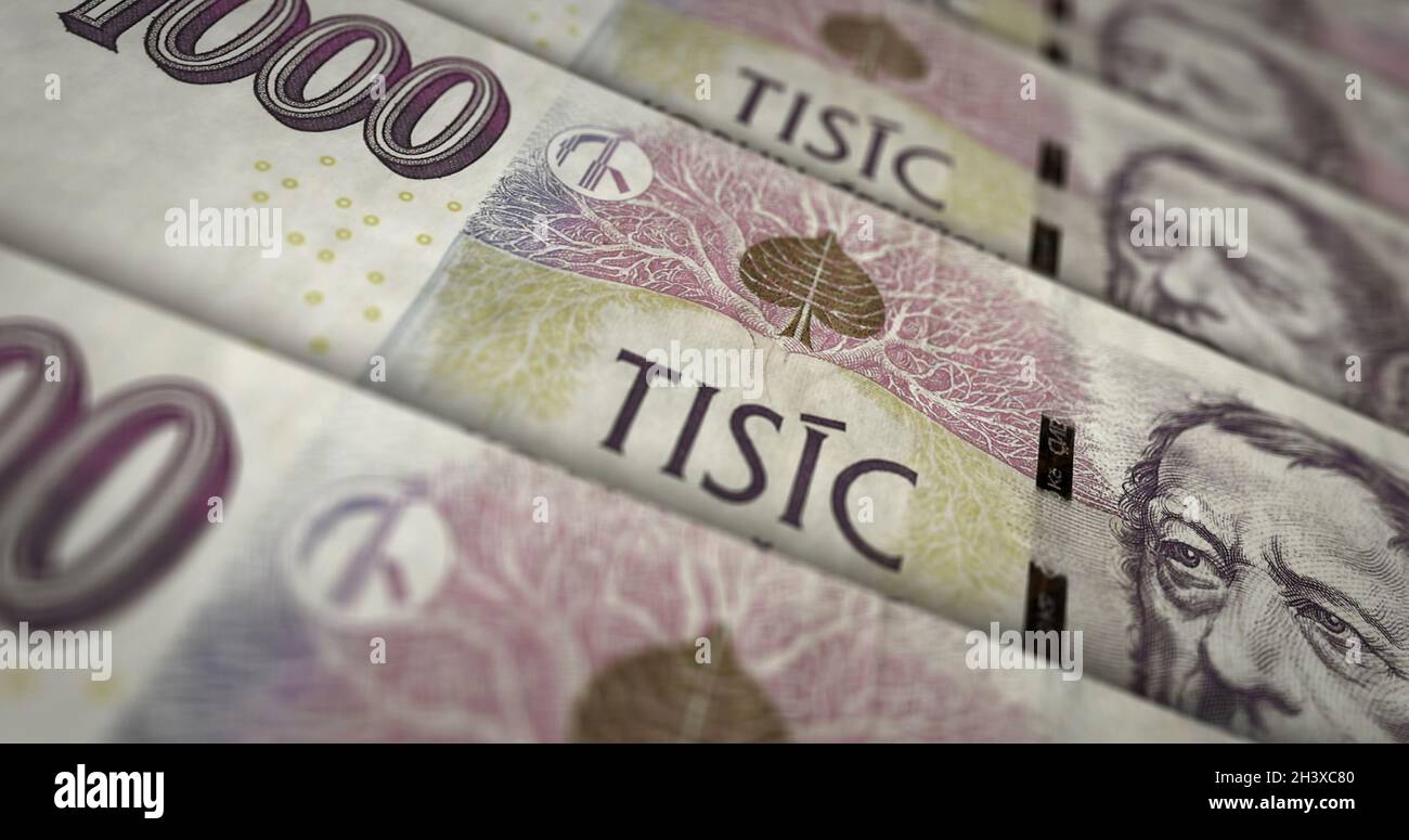 Czech koruna money printing 3d illustration. CZK banknote print. Concept of finance, cash, economy crisis, business success, recession, bank, tax and Stock Photo