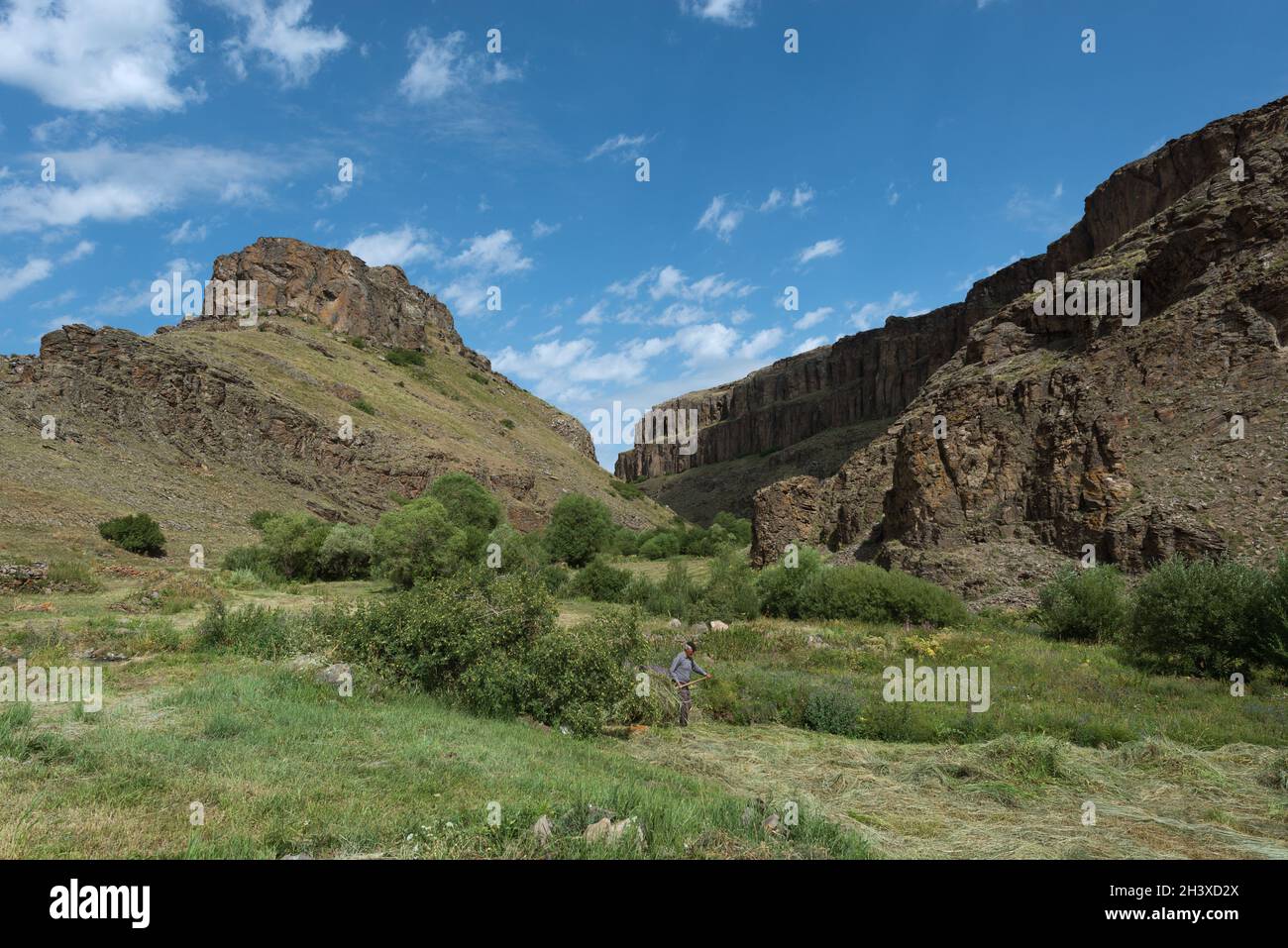 Landscape in the Kars Province of Turkey near Tunckaya village. A man mowing the grass Stock Photo