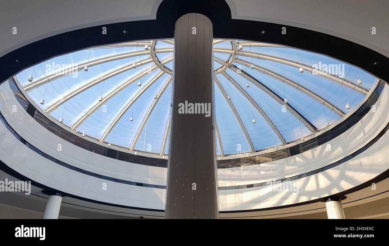 Contemporary art of glass and metal, roof background. Look at the glass