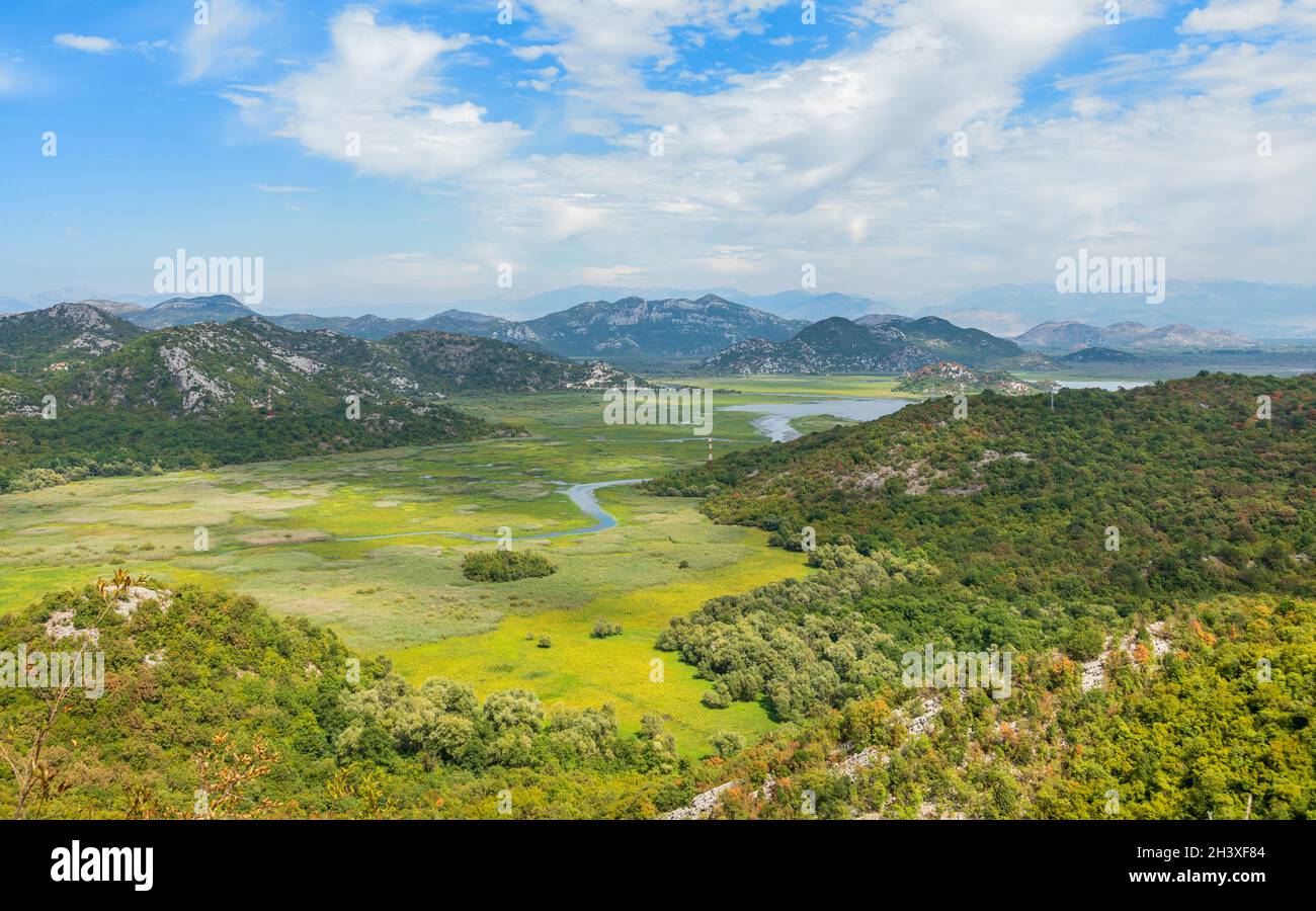 Panoramic view to Skadar lake valley and mountains, Montenegro Stock Photo
