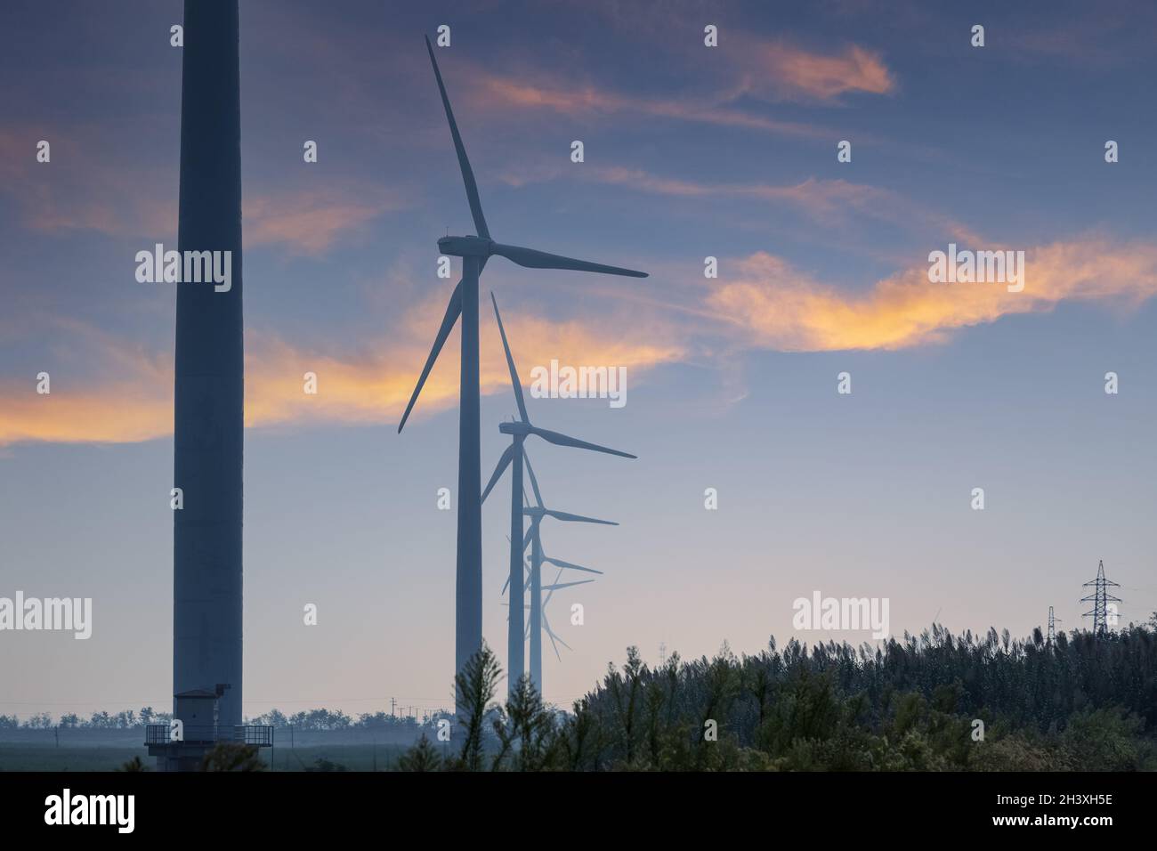 Coastal wind farm at dusk Stock Photo