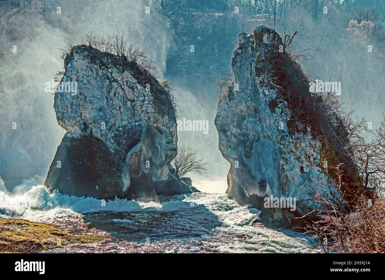 Rocks at the Rhine Falls in Neuhausen near Schaffhausen, Switzerland Stock Photo