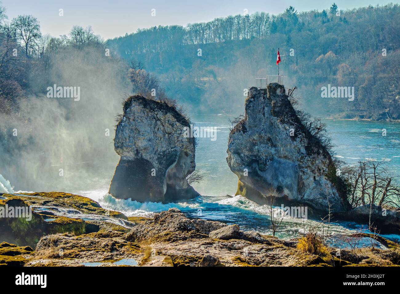 Rocks at the Rhine Falls in Neuhausen near Schaffhausen, Switzerland Stock Photo