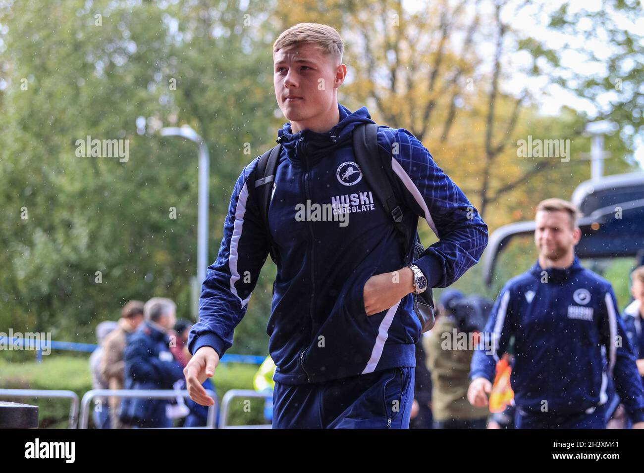 Huddersfield, UK. 30th Oct, 2021. Daniel Ballard #26 of Millwall gets off the team bus on arrival at The John Smith's Stadium in Huddersfield, United Kingdom on 10/30/2021. (Photo by James Heaton/News Images/Sipa USA) Credit: Sipa USA/Alamy Live News Stock Photo