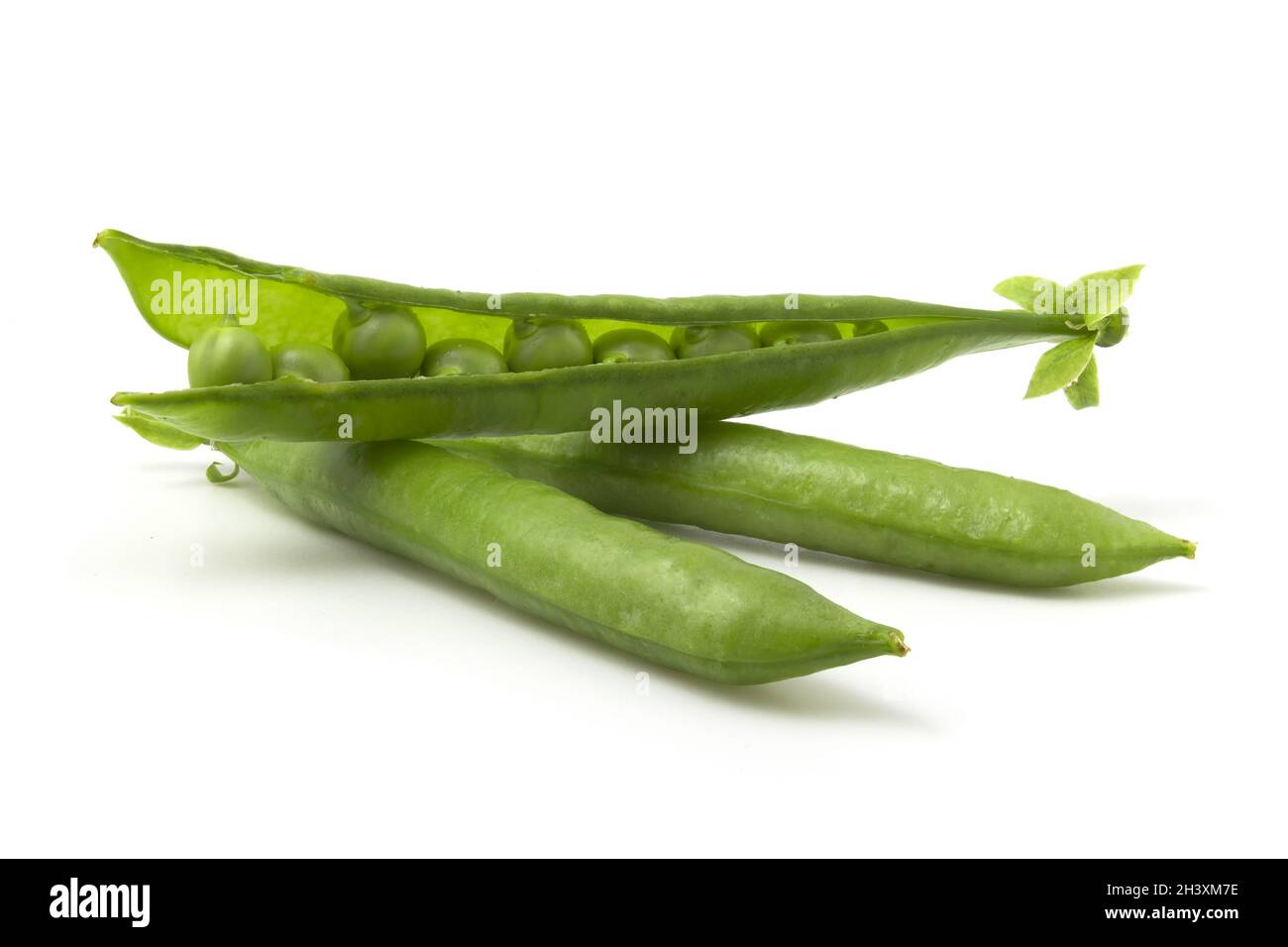 Isolated green pea pods on a white background. Beans in an open pod. Stock Photo