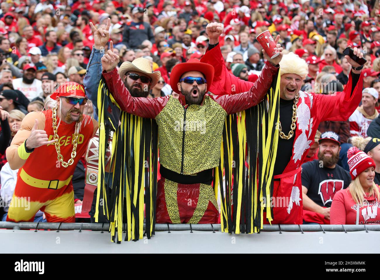 Madison, WI, USA. 30th Oct, 2021. Wrestling fans dress up during the NCAA Football game between the Iowa Hawkeyes and the Wisconsin Badgers at Camp Randall Stadium in Madison, WI. Darren Lee/CSM/Alamy Live News Stock Photo