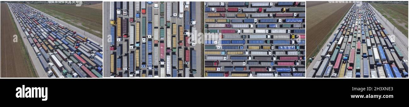 Aerial view of trucks with grain containers. Queue at the port for unloading. Stock Photo