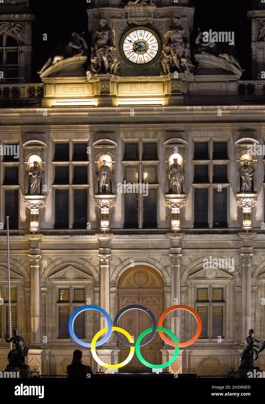 France, Paris, Hôtel de Ville, City Hall, olympic rings, Stock Photo