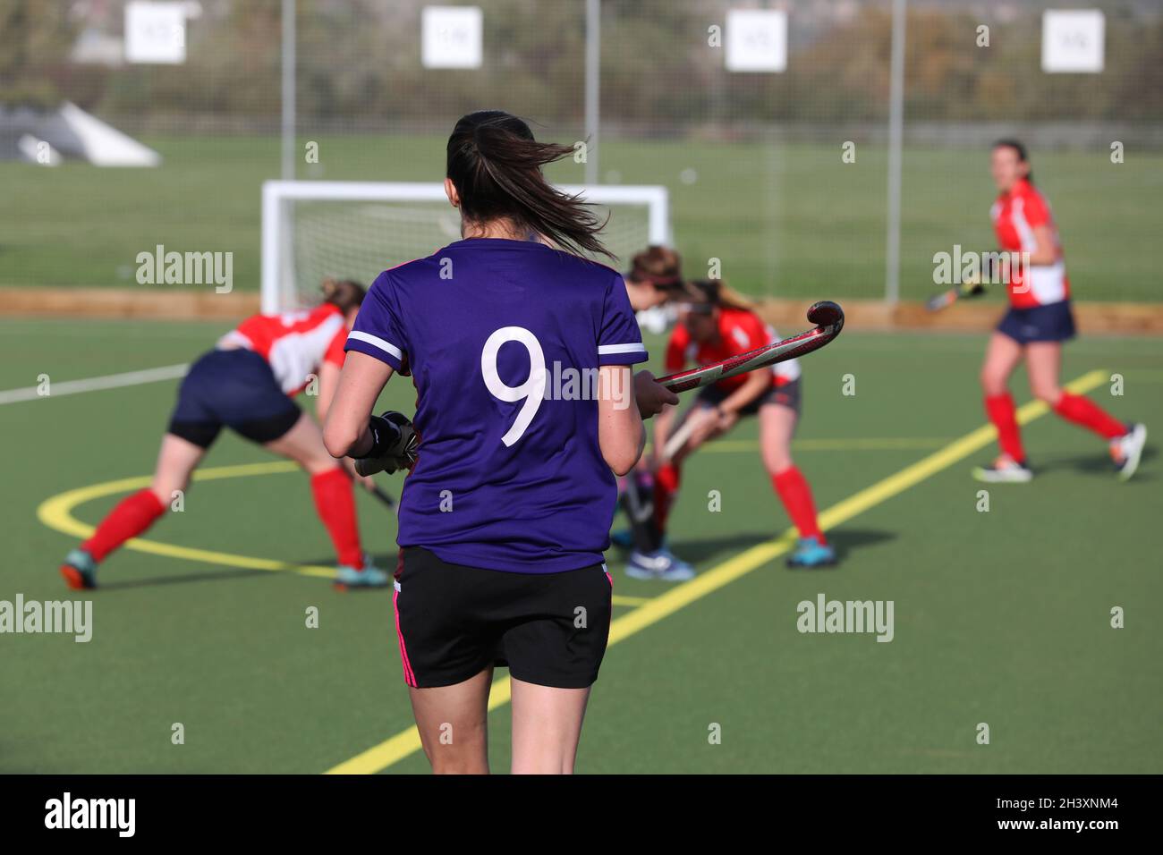 Female hockey players pictured playing in Sussex, UK. Stock Photo