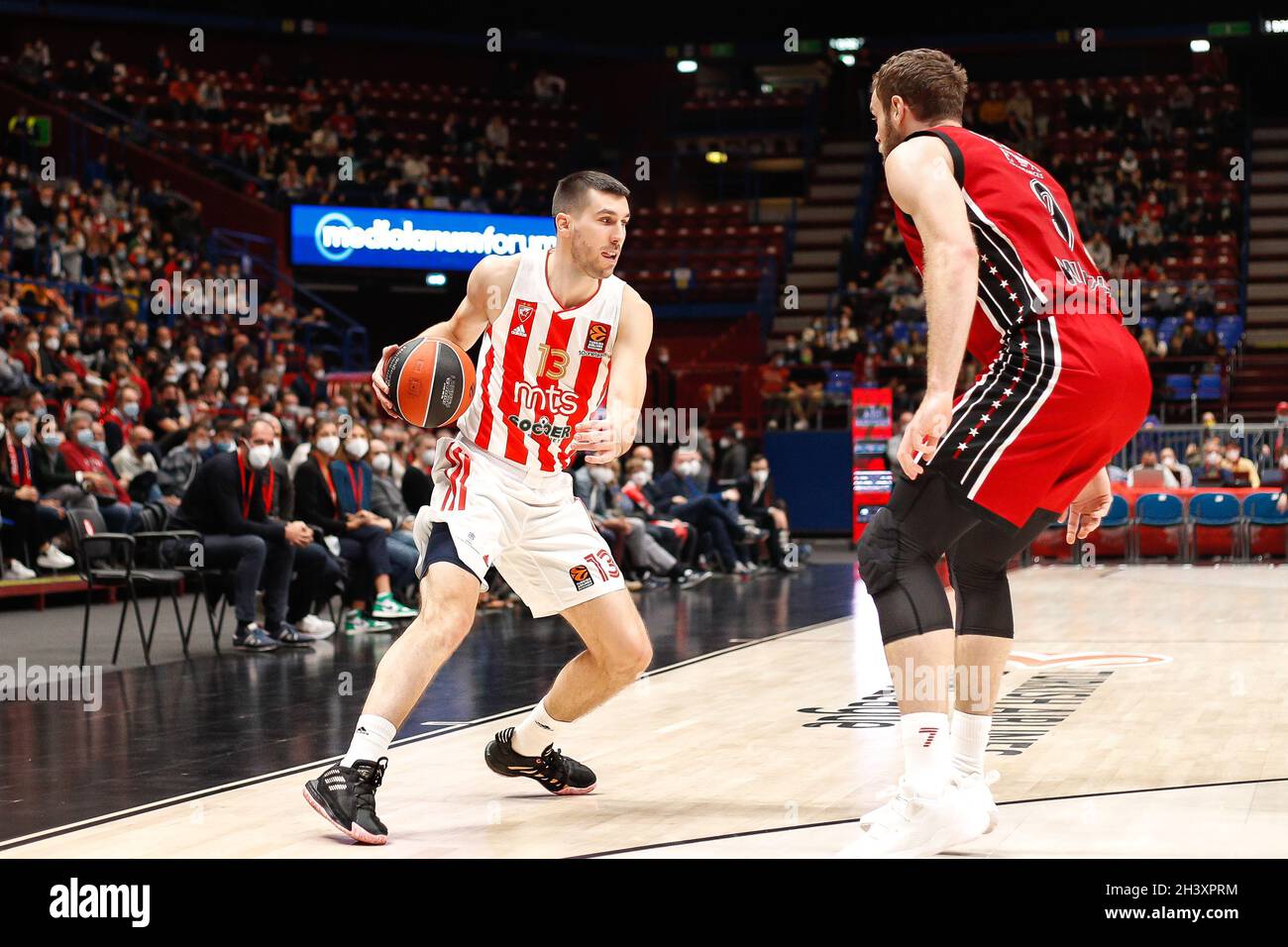 Milan, Italy. 28th Oct, 2021. Ognjen Dobric (Crvena Zvezda guard) dribbles  in front court in first quarter during basketball match Armani Milan vs Crvena  Zvezda Begrade on the round 7 of EuroLeague