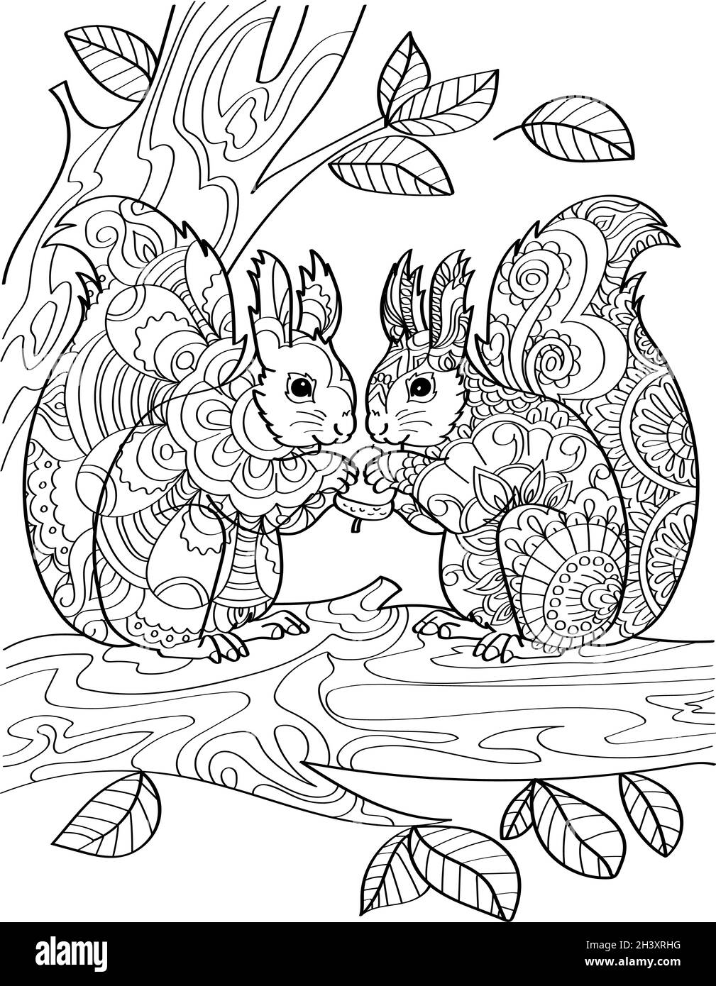 Two Squirrels Standing Holding Acorn On Top Tree Branch With Leaves Line Drawing. Chipmunks Facing Each Other Eating Nut On Fore Stock Photo