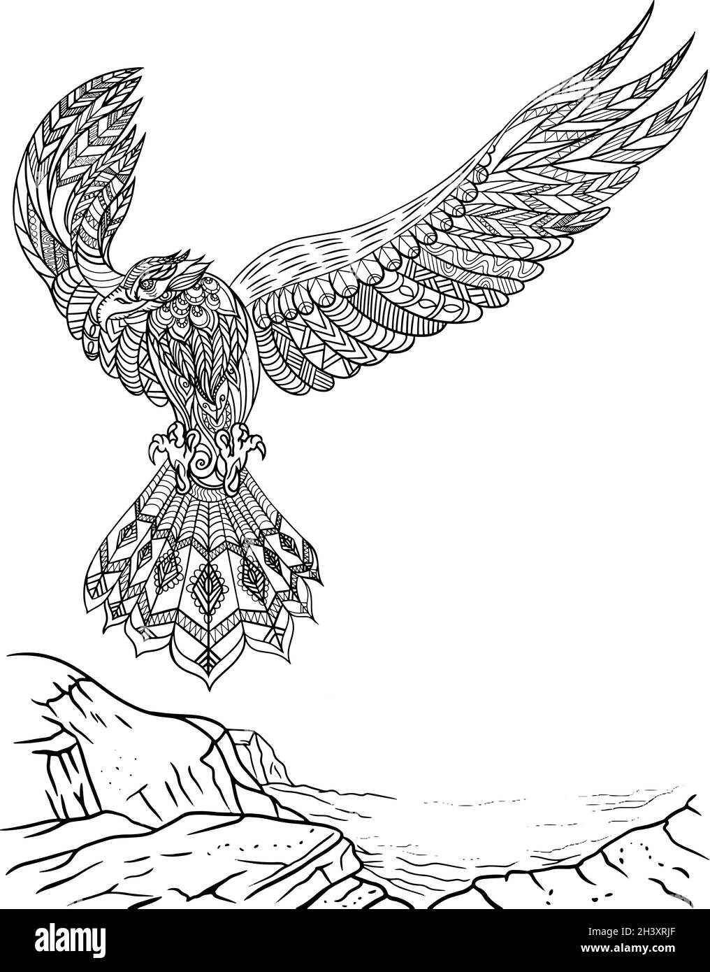 Falcon Facing Forward With Wings Wide Open Flying Off A Cliff Colorless Line Drawing. Beautiful Eagle Spreading Feather Coloring Stock Photo