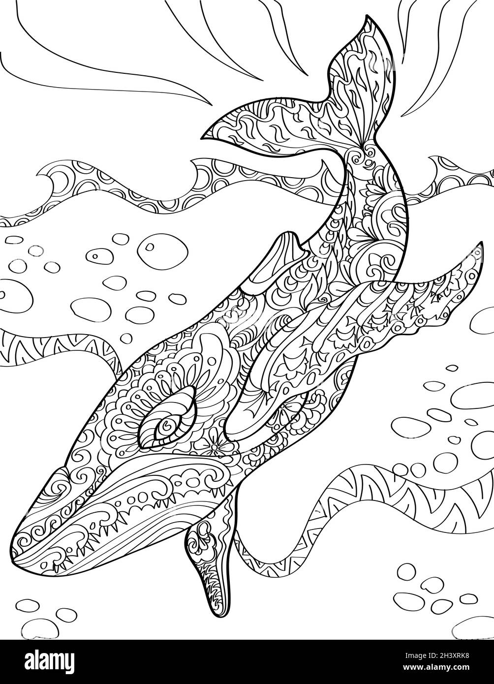 Large Whale Diving Deep Into The Sea Colorless Line Drawing. Huge Aquatic Creature Dives Below Ocean With Big Waves Coloring Boo Stock Photo