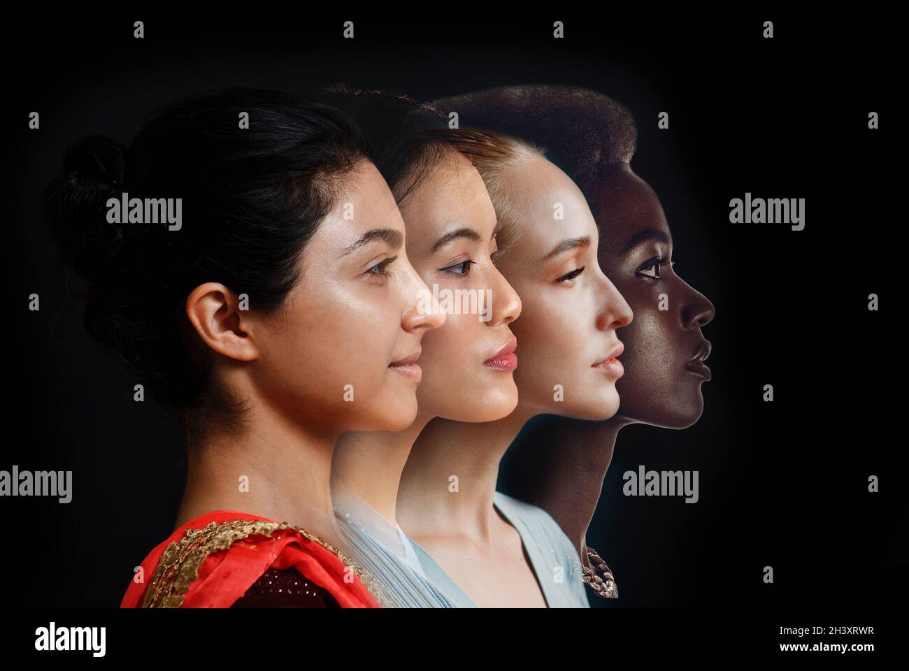 Caucasian and african american young woman isolated on black background. Stock Photo