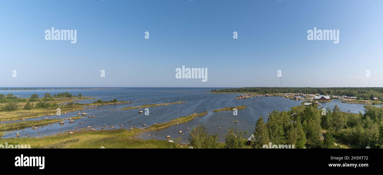 A panorama view of the coastal islands of the Kvarken Archipelago with Svedjehamm village in the background Stock Photo