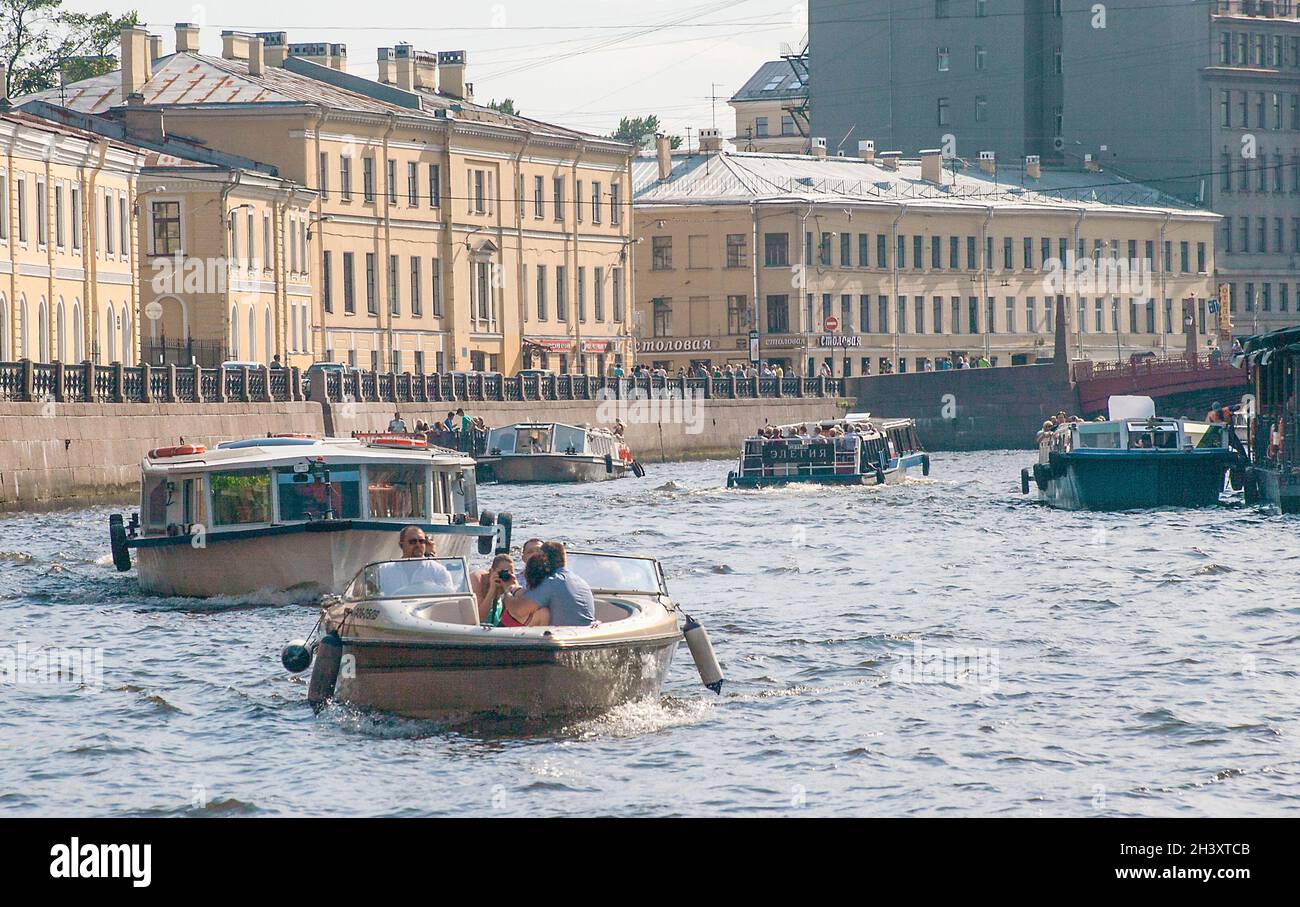 Boats on canal in St Petersburg, Russia Stock Photo