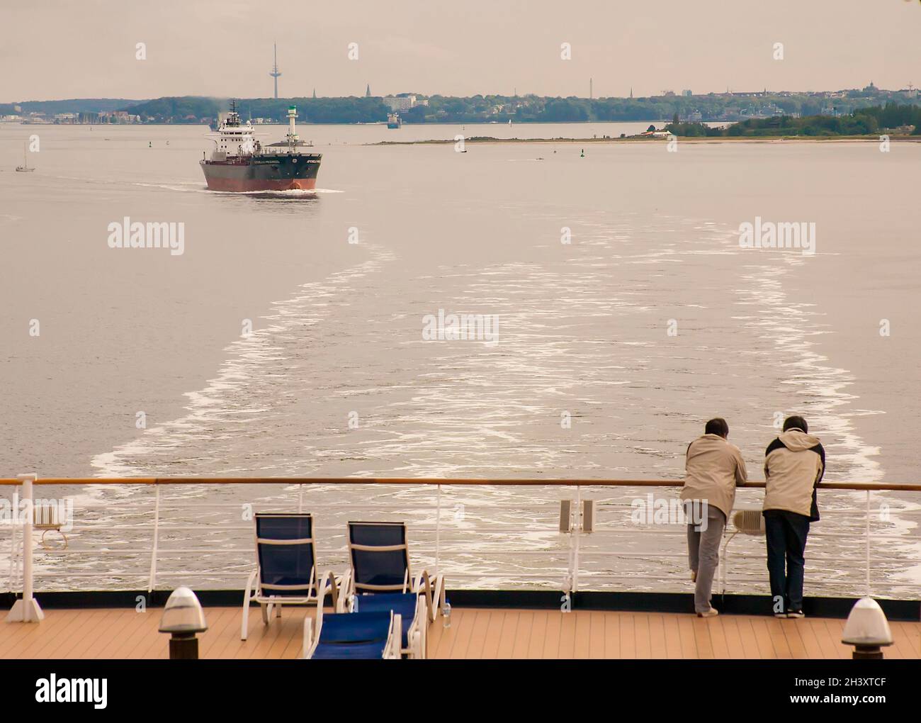 Cruise ship passengers view the scenery near Kiel Germany Stock Photo