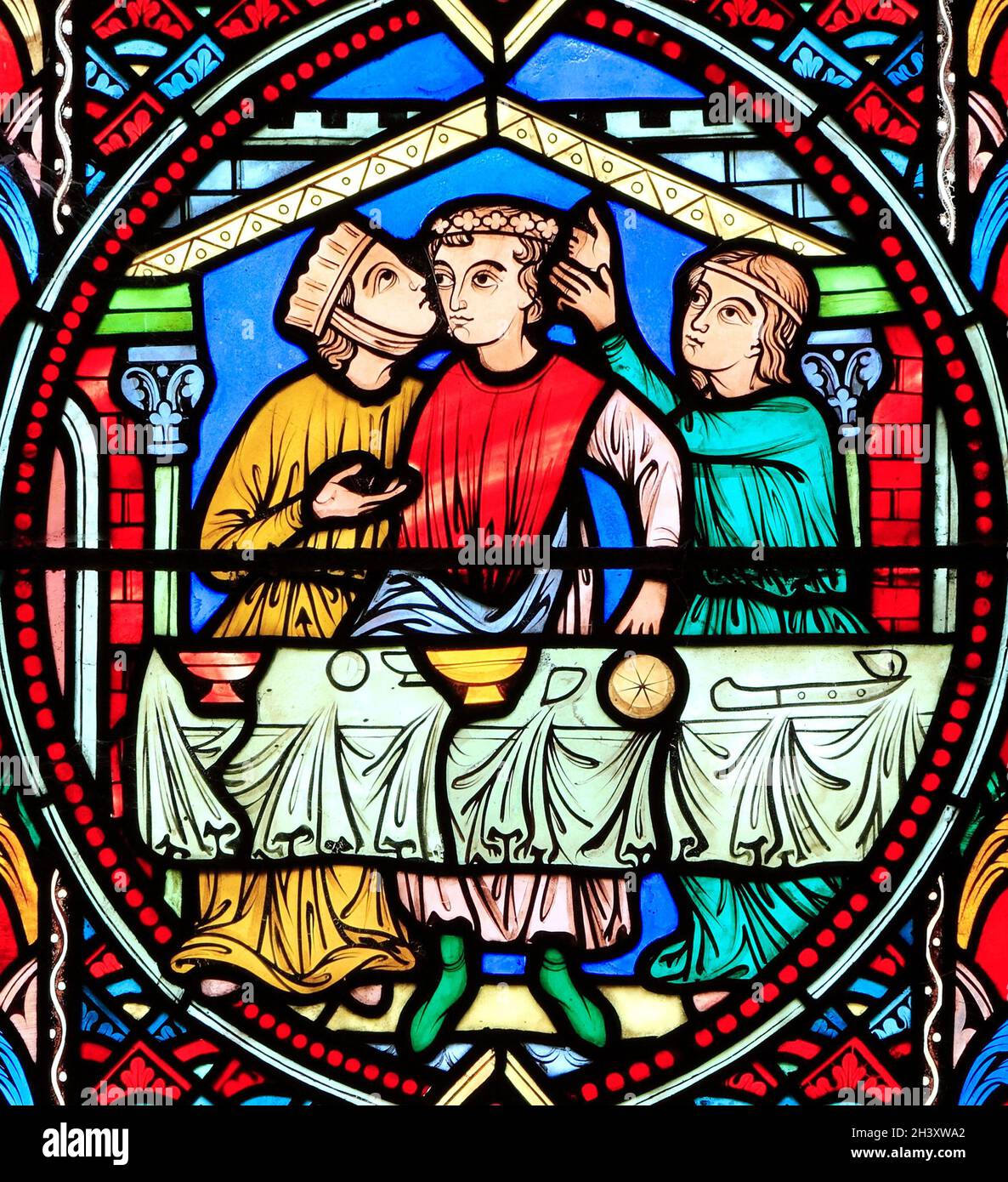 Parable of The Prodigal Son, by Adolph Didron of Paris, 1859, Stained glass window, Feltwell Church, Norfolk ,The Prodigal Son squanders his inheritan Stock Photo