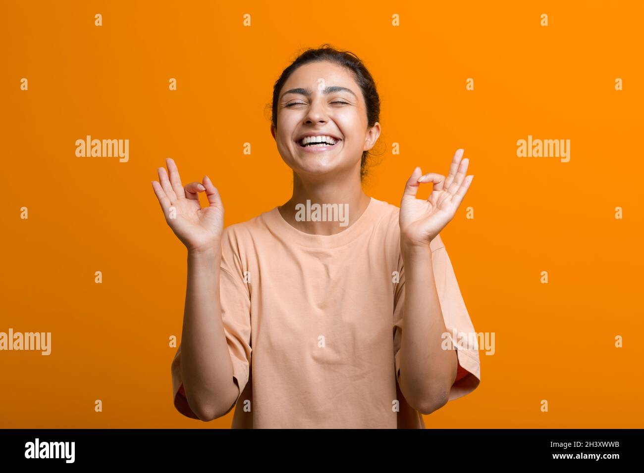 Portrait of young adult indian woman in sari meditating zen like with ok sign mudra gesture Stock Photo