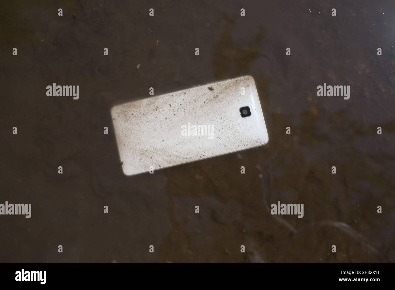 Mobile phone lying on pavement in puddle. Stock Photo
