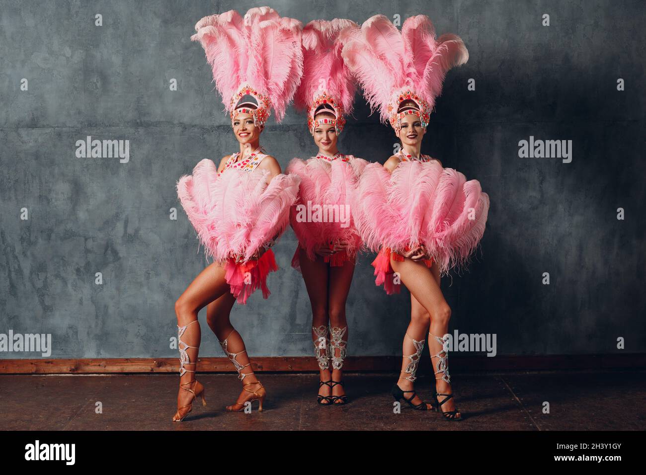 Three Women in cabaret costume with pink feathers plumage Stock Photo