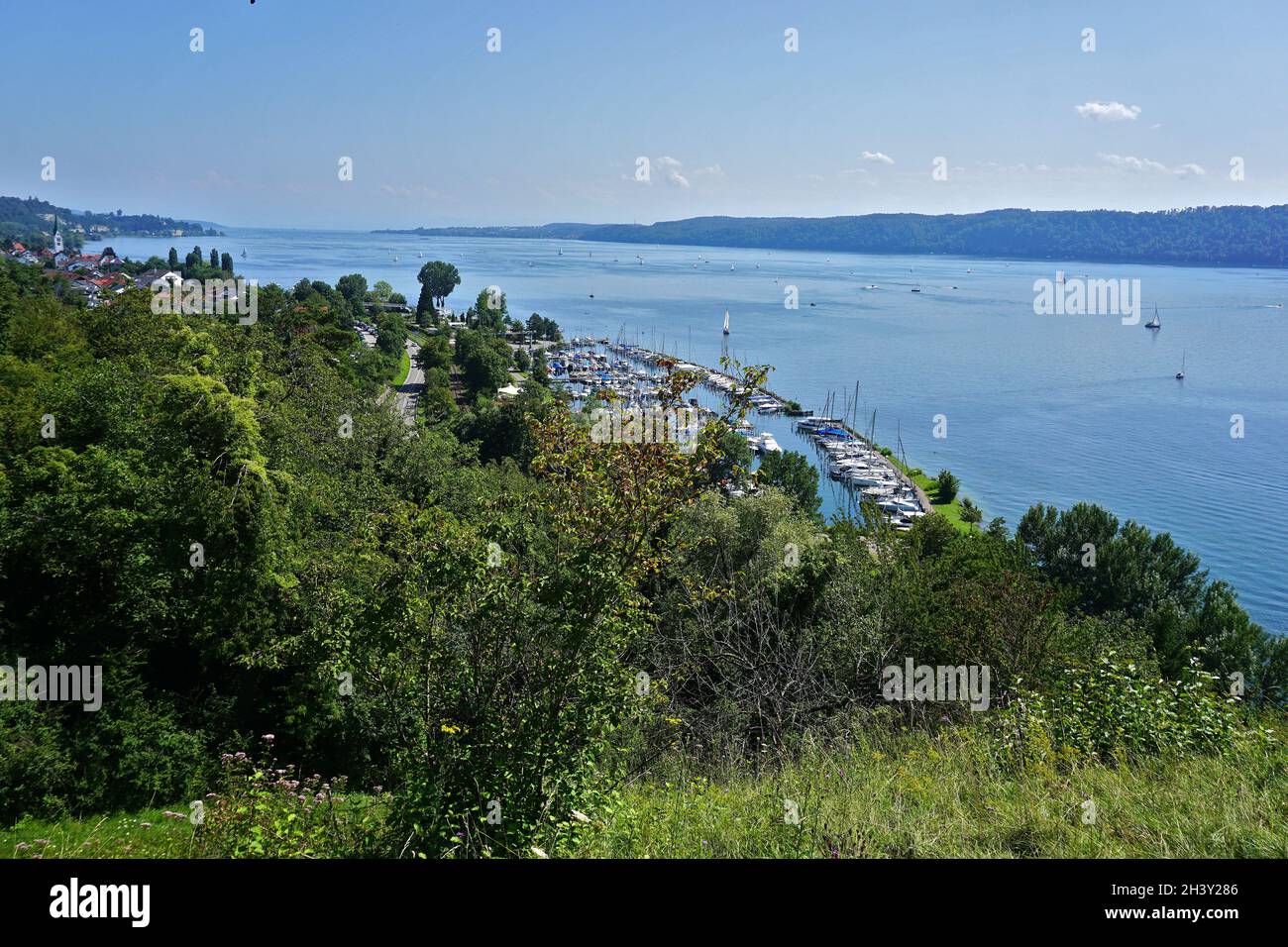 View to the lake constance to the boat harbor of sipplingen Stock Photo
