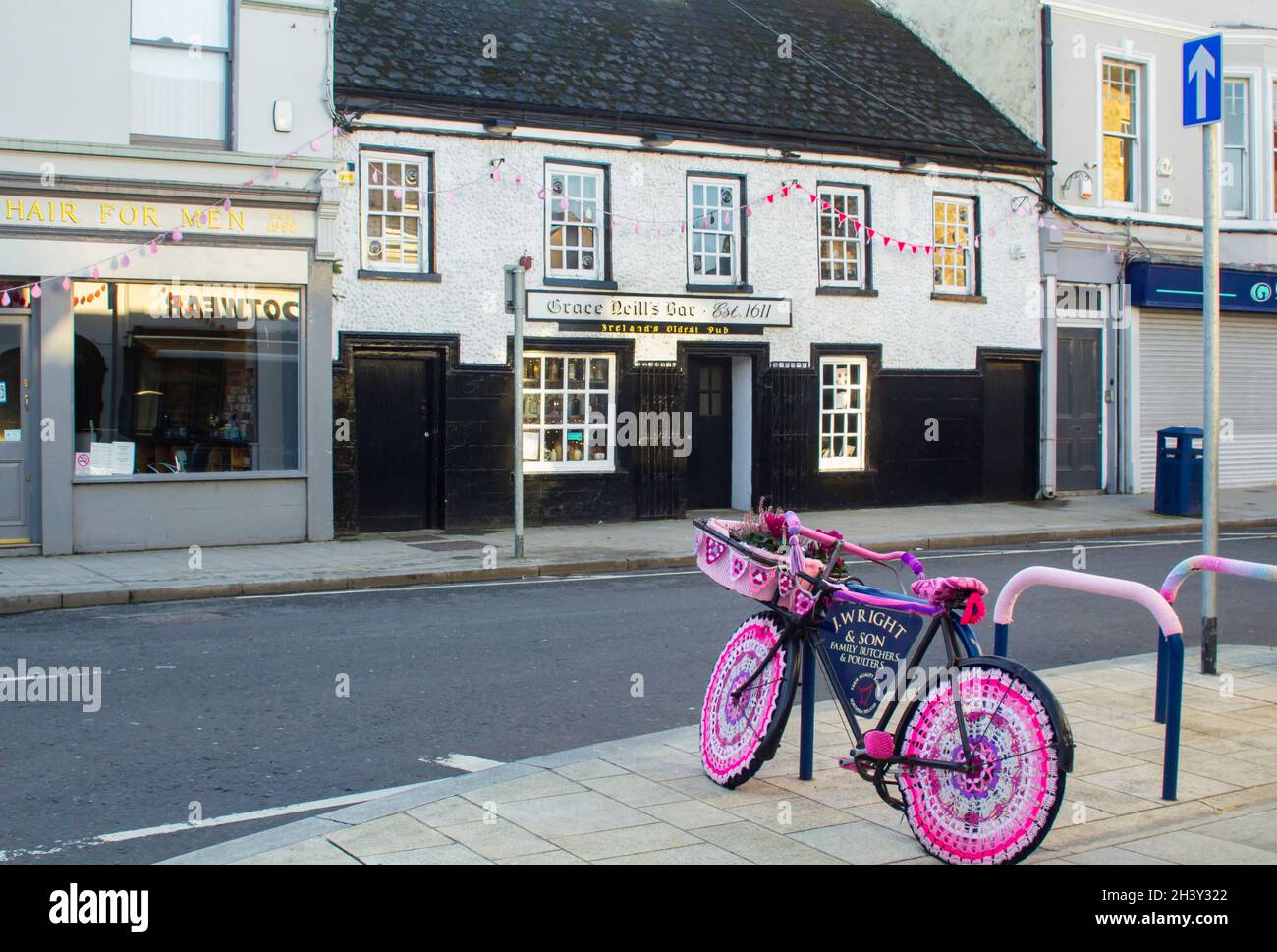 30 October 2021 Donaghadee County Down Northern Ireland A vintage buther's bike with crochet needle work used for advertising with Grace Neills Public Stock Photo