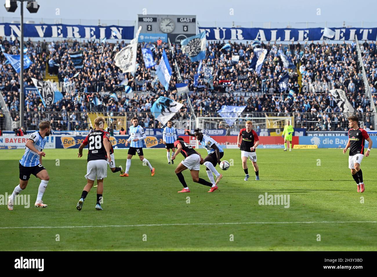 Munich, Deutschland. 30th Oct, 2021. Merveille BIANKADI (TSV Munich 1860),  action, duels versus KENNETH SCHMIDT (SC FREIBURG II). Soccer 3rd league,  Liga3, TSV Munich 1860-SC Freiburg II 6-0 on 10/30/2021 in Muenchen