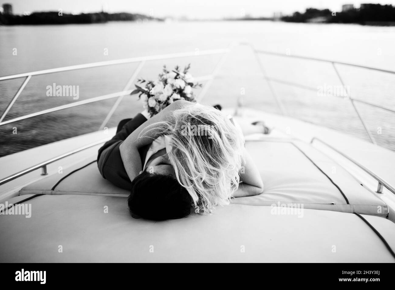 Wedding couple bride and groom together forever black and white image Stock Photo