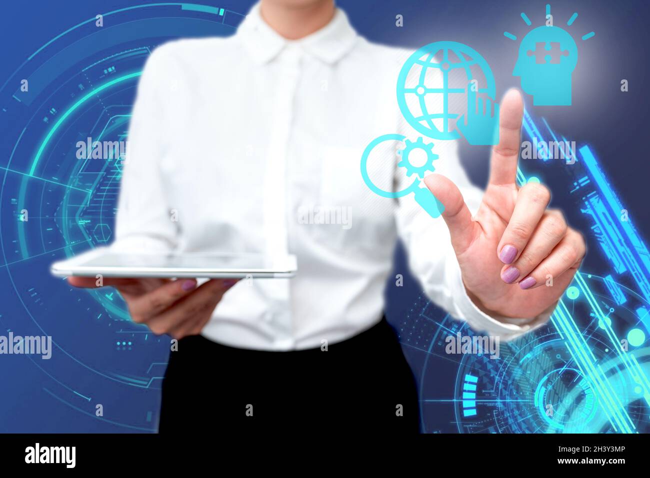 Lady In Uniform Standing Holding Tablet In Hand Pressing Virtual Globe Button. Bussiness Woman Carrying Tab Poining For New Futu Stock Photo