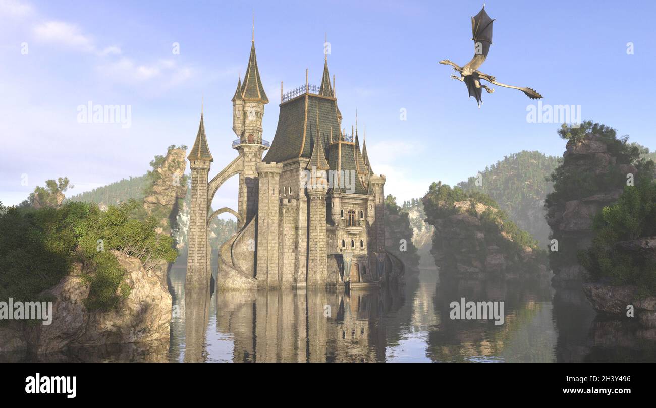 Castle On The Water And Dragon 3D Illustration Stock Photo - Alamy