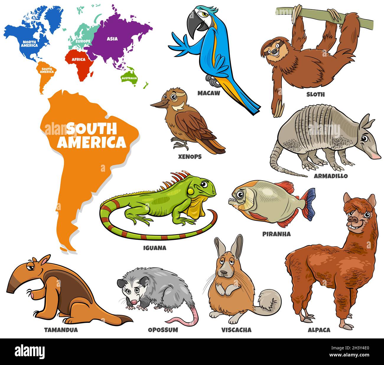 Educational illustration of cartoon South American animals set Stock Photo