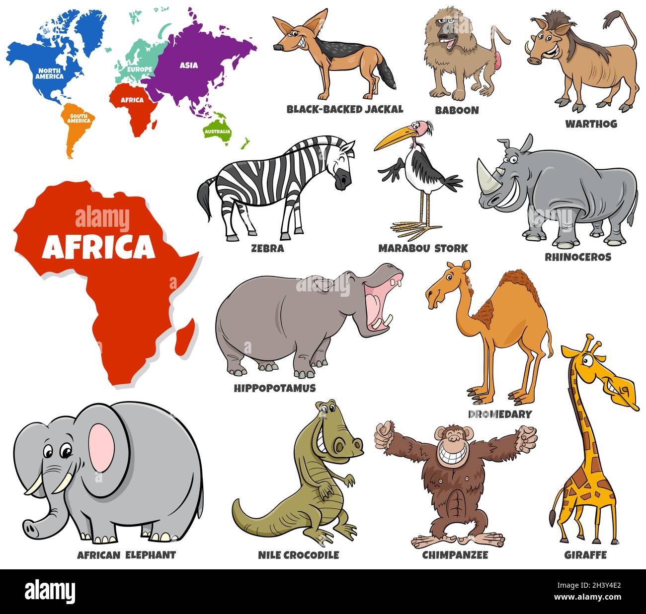 Educational illustration of cartoon African animals set Stock Photo