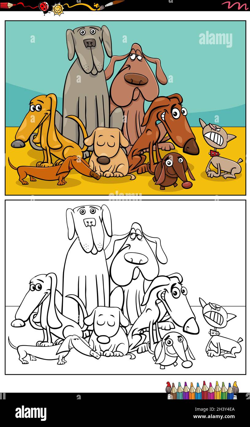 Cartoon dogs characters group coloring book page Stock Photo - Alamy
