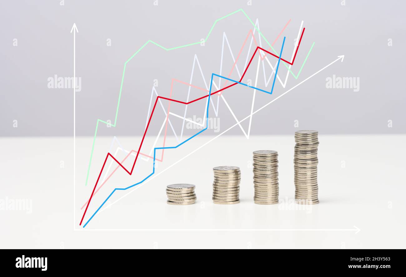 Coin stack step up graph with arrows Stock Photo Alamy