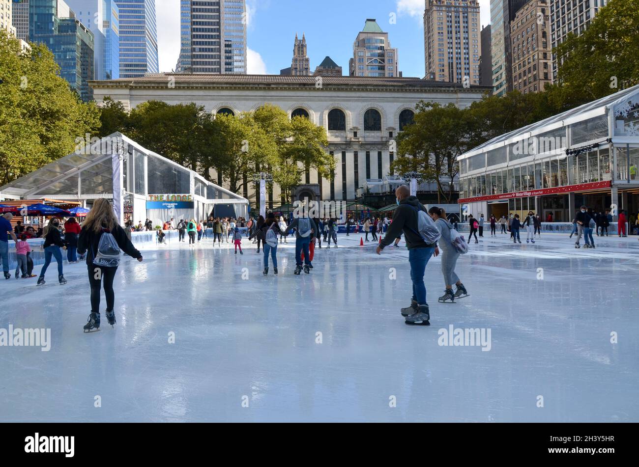 Ice skating rink in Bryant Park in New York City on October 30, 2021. Stock Photo