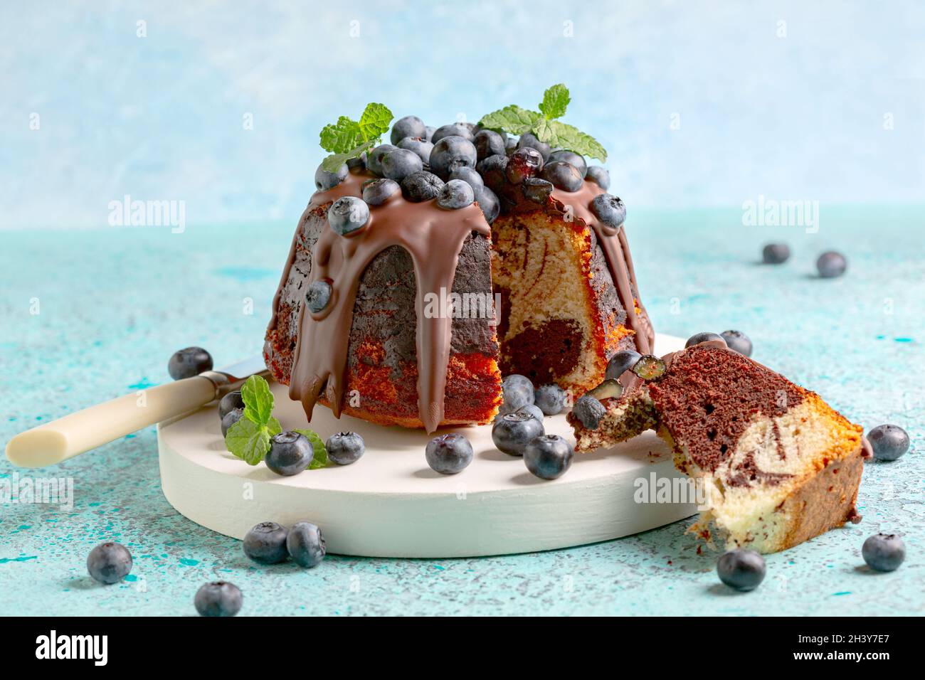 Marble bundt cake with chocolate icing and blueberries. Stock Photo