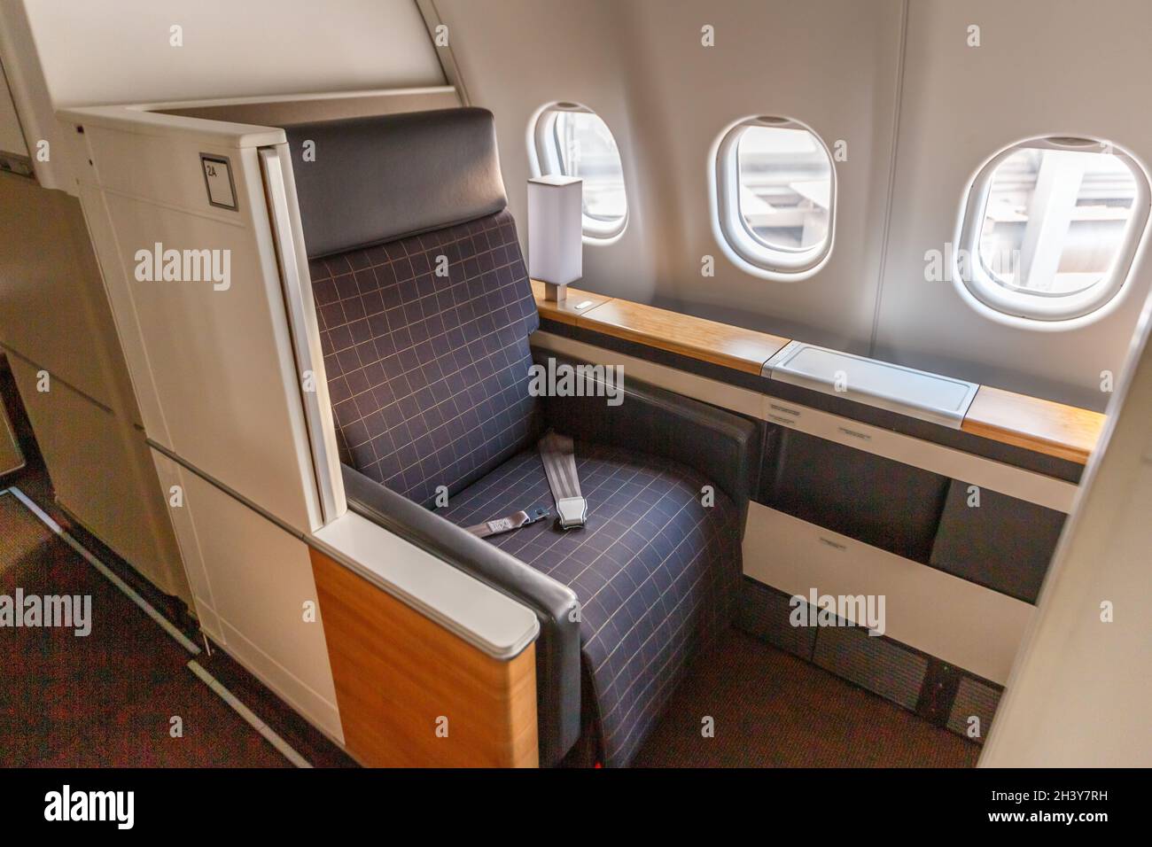 Swiss Airbus A340-300 Aircraft First Class Cabin Zurich Airport Stock Photo